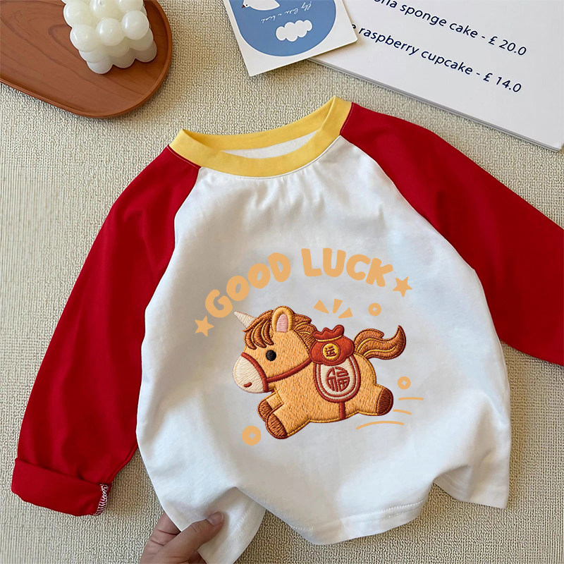 马年插肩长袖可爱黄领红袖T恤2026卡通纯棉男童女童潮本命年喜庆,童装/婴儿装/亲子装,T恤,淘宝优惠券,粉丝福利购,淘宝优惠卷