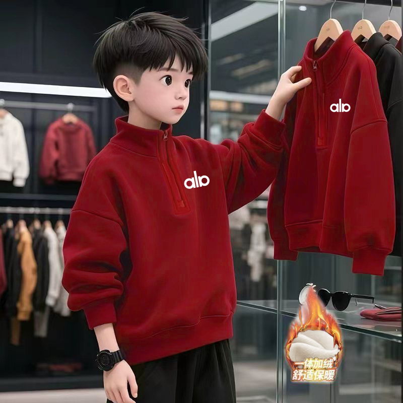 男女童冬装加绒加厚可爱卡通红色立领卫衣保暖上衣半拉链红色外套