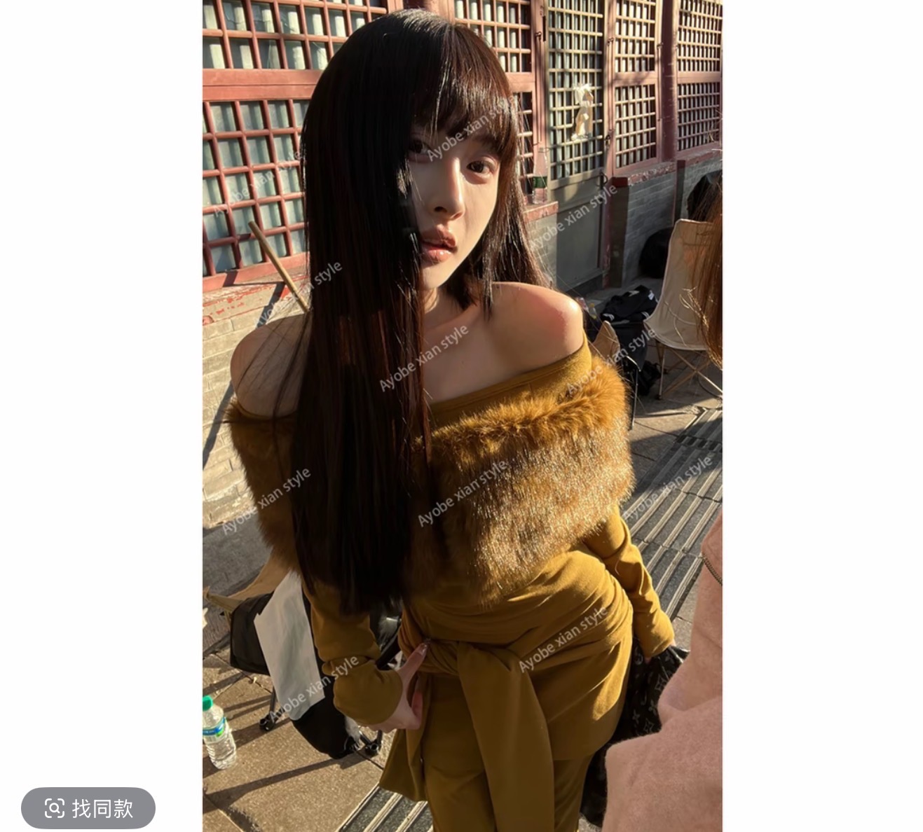 2025秋季新款可拆卸毛领一字肩上衣加绑带围裙微喇裤