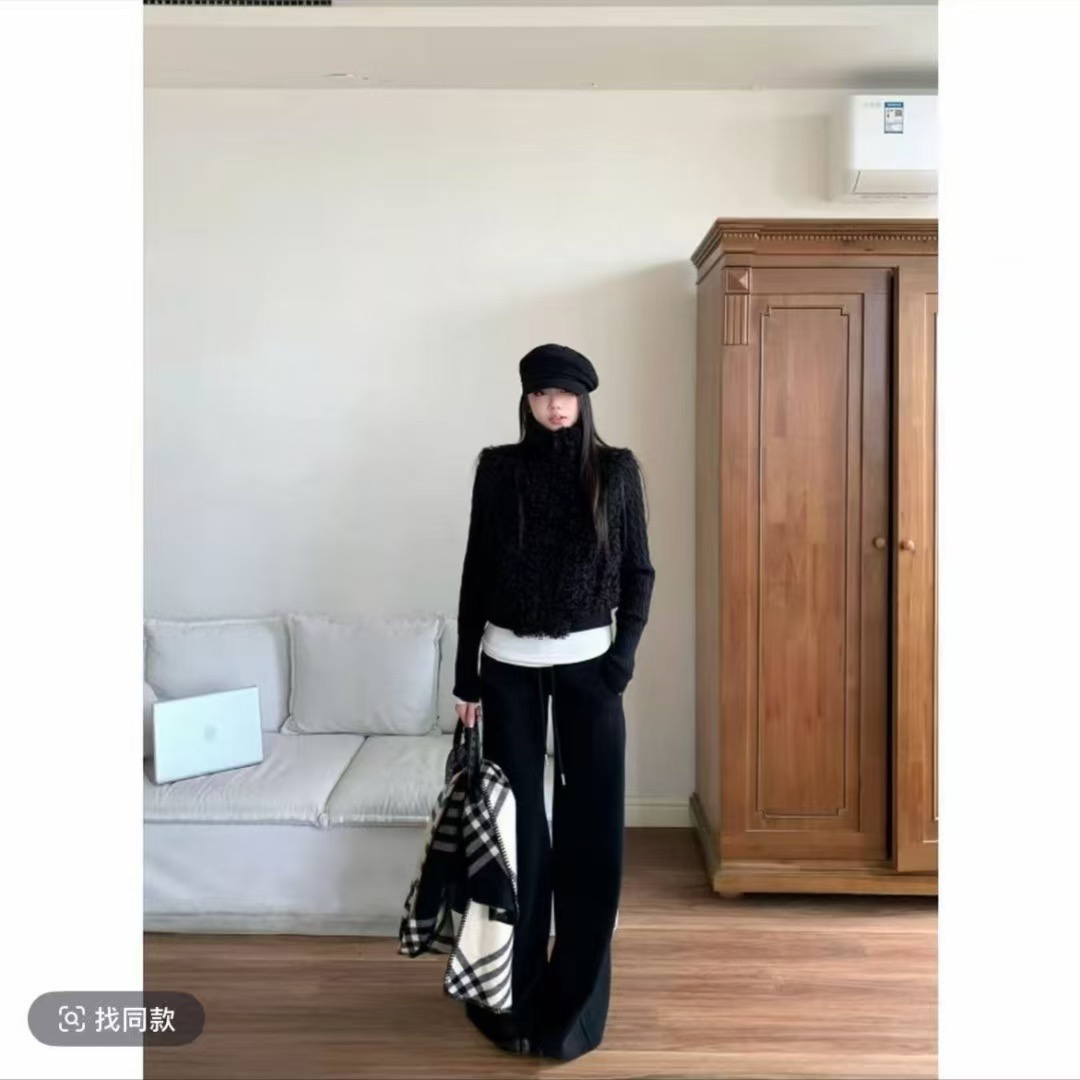 凉皮 秋冬粗花毛织拼接圈圈绒假两件长袖毛毛外套 +加绒裤