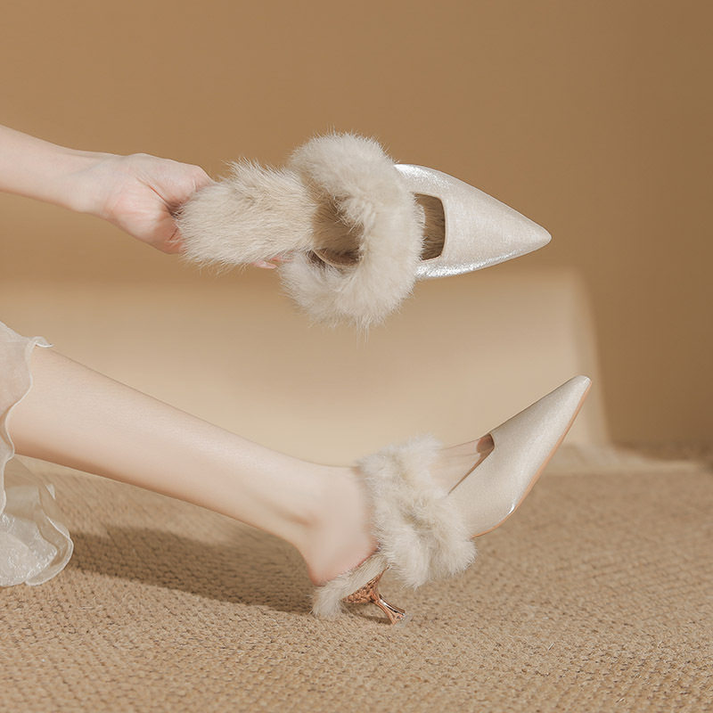 313-7Z75秋冬新款毛毛外穿保暖尖头高跟半拖高级感毛绒绸缎高跟鞋,女鞋,毛毛鞋,淘宝优惠券,粉丝福利购,淘宝优惠卷