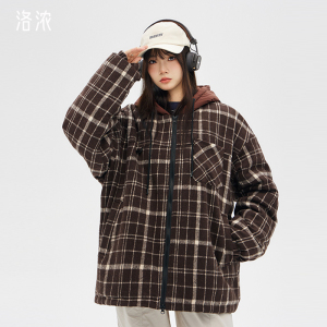 洛浓无性别冬季毛呢格子外套加棉连帽男女宽松棉服高街潮牌青少年
