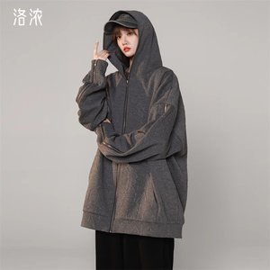 洛浓无性别春秋连帽卫衣开衫多拉链男潮牌提花外套宽松大码青少年
