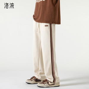 洛浓无性别春秋长裤男女撞色条纹织带拼接慵懒美式潮牌高街青少年