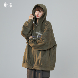 洛浓无性别春秋麂皮绒连帽卫衣男女宽松印花百搭外套夹克潮牌学生