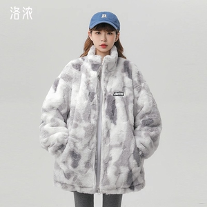 洛浓无性别冬季羊羔绒棉衣男女加棉加厚立领迷彩棉服潮牌高街学生