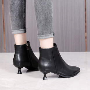 清仓 尖头细跟短靴工装鞋女冬季工作鞋加绒黑色高跟鞋职业裸靴