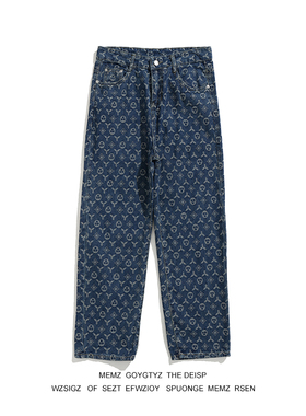 MEMZ潮牌高街满印设计宽松直筒牛仔裤港风秋季薄款百搭阔腿长裤男