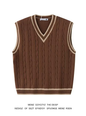 学院风V领针织马甲男秋冬美式复古宽松无袖毛衣背心套头坎肩外套