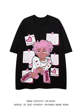 美式潮流潮牌美式卡通脏辫男孩印花oversize休闲情侣短袖insT恤潮
