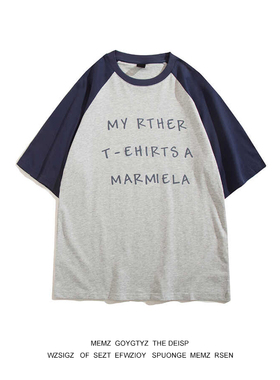 新款夏季新款灰蓝色拼色插肩袖短袖男美式休闲字母印花圆领insT恤