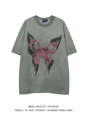 memz复古做旧蝴蝶印花水洗短袖insT恤男生原创潮牌宽松情侣五分袖