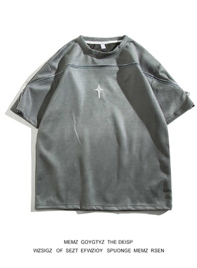 美式高街重磅麂皮绒刺绣短袖insT恤男夏小众宽松潮牌拉链半袖潮流