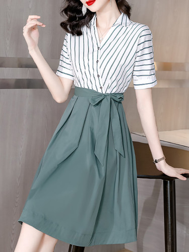 假女装两件套2025春夏新款V领腰宽松大尺寸胖mm显瘦Look a字中长