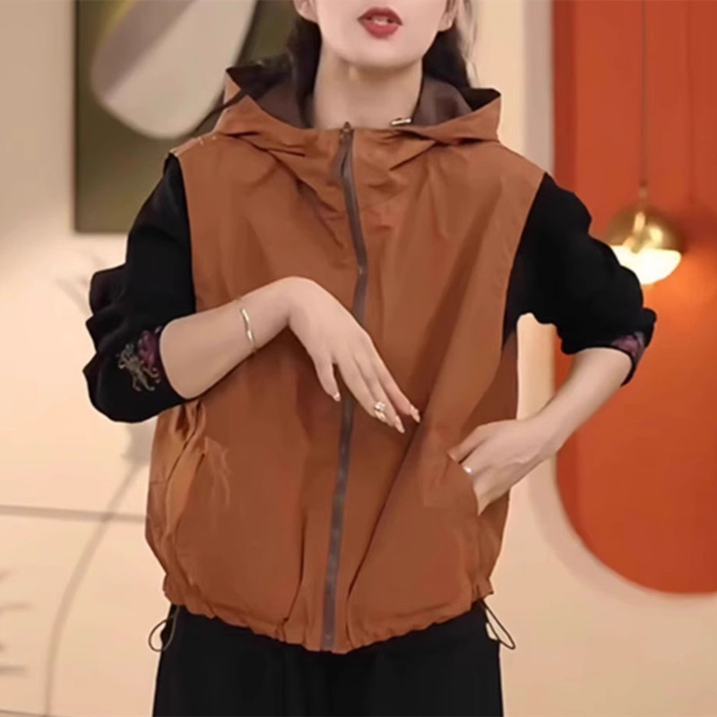 时尚连帽背心外套女春秋新款复古小众坎肩两面穿无袖背心马夹上衣