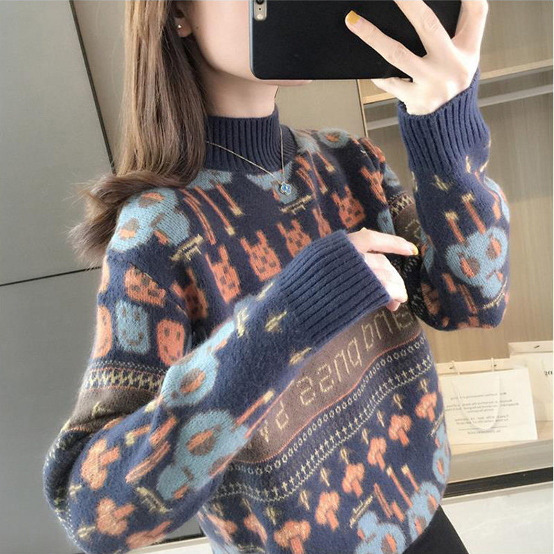 半高领针织毛衣女秋冬新款加绒加厚保暖休闲外穿女士印花打底上衣
