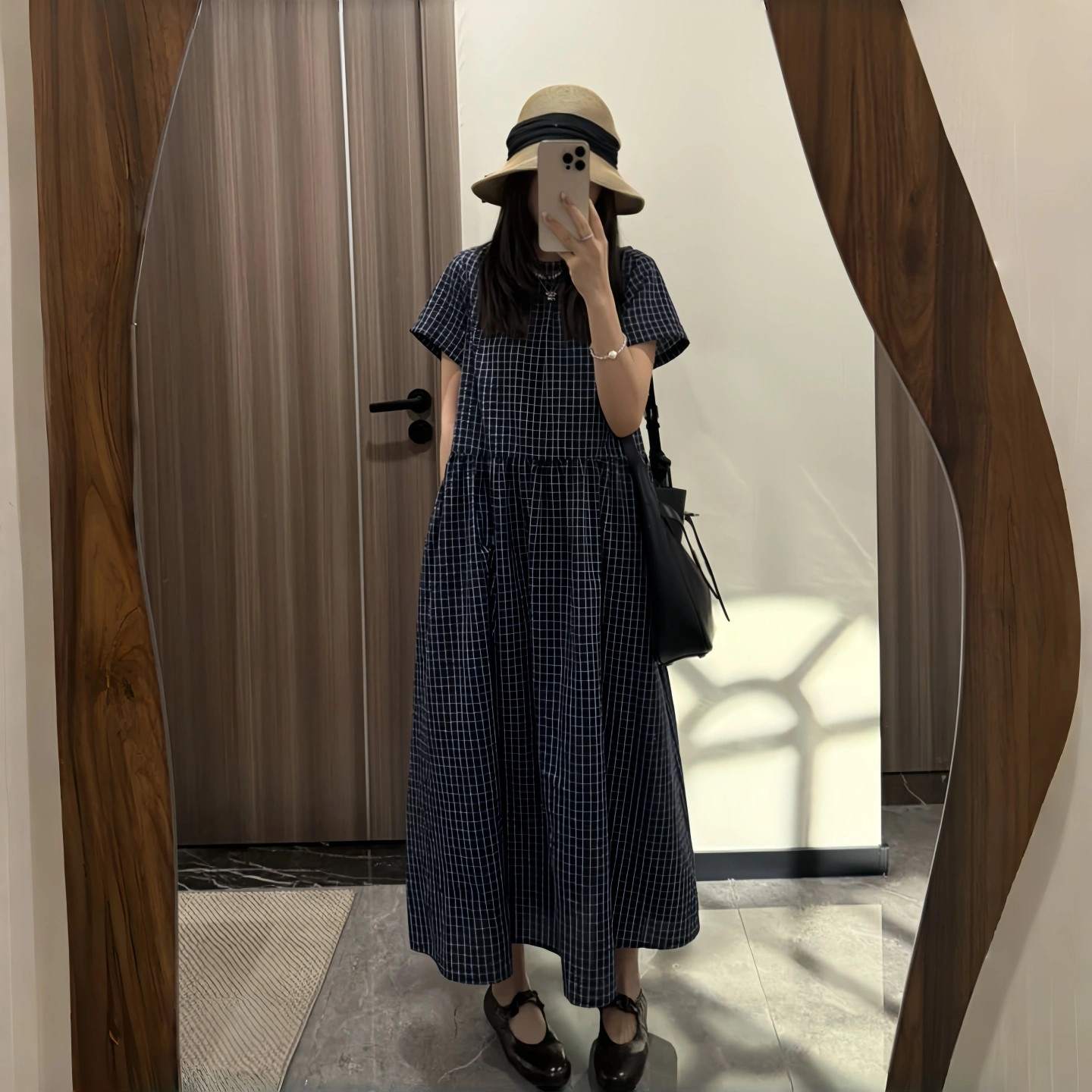 格纹短袖洋装女夏季新款宽松大尺码显瘦遮肉女士时尚休闲 长裙子