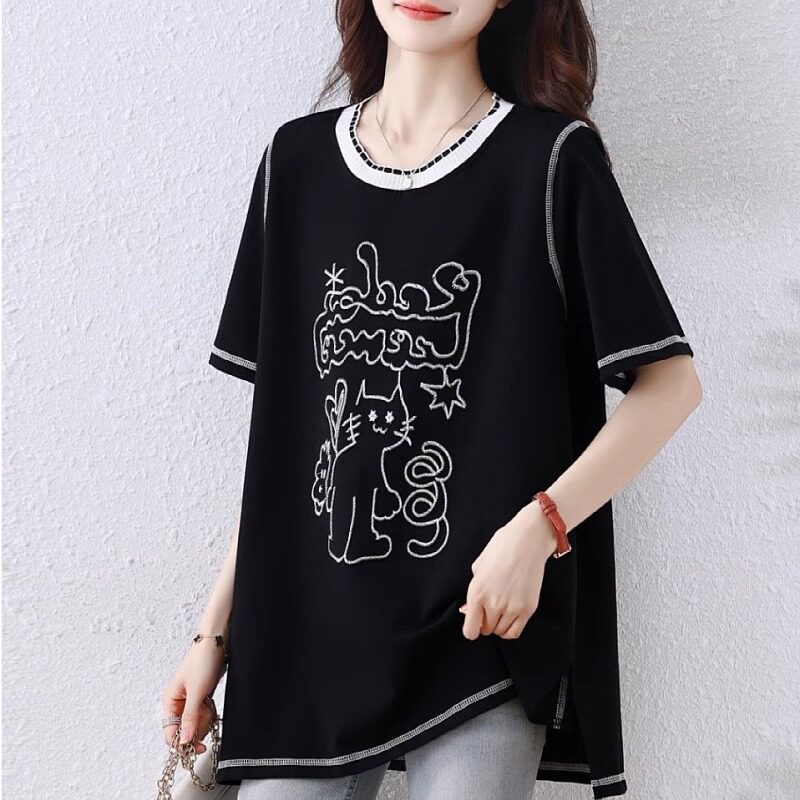 时尚短袖T恤女夏新款设计感绣花拼色女士中长款圆领半袖小衫上衣