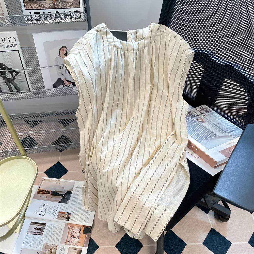 休闲条纹无袖衬衫女夏季新款高端复古女士中长款开叉背心衬衣上衣