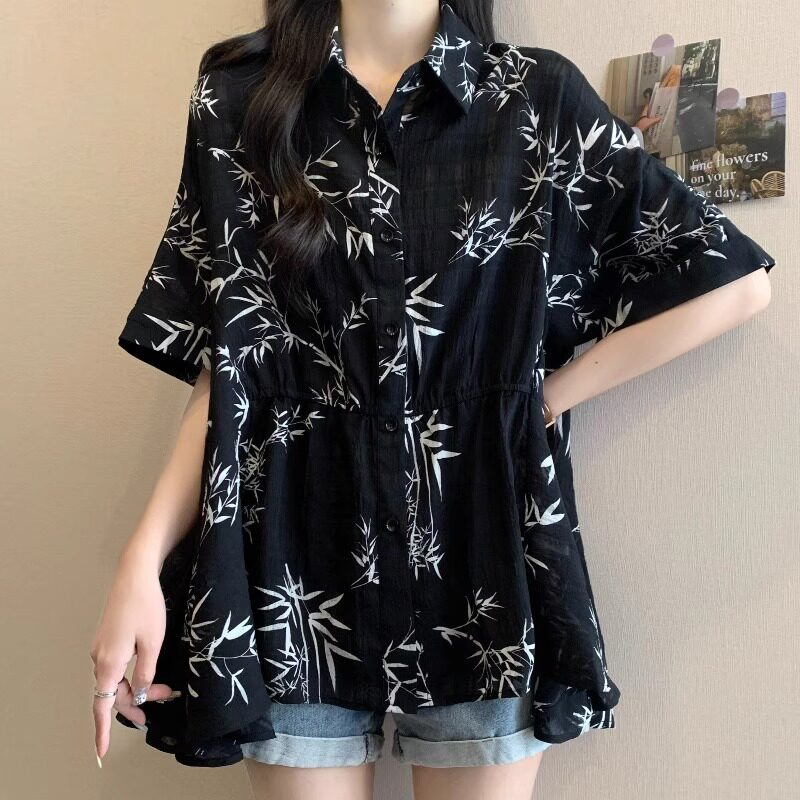 翻领短袖衬衫女夏季新款文艺印花宽松大码不规则女士半袖小衫上衣
