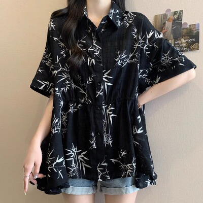 翻领短袖衬衫女夏季新款文艺印花宽松大码不规则女士半袖小衫上衣