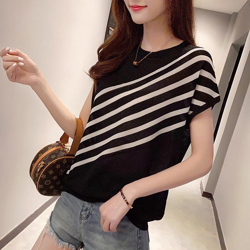 条纹短袖T恤女夏新款时尚休闲洋气薄款女士内搭外穿打底小衫上衣