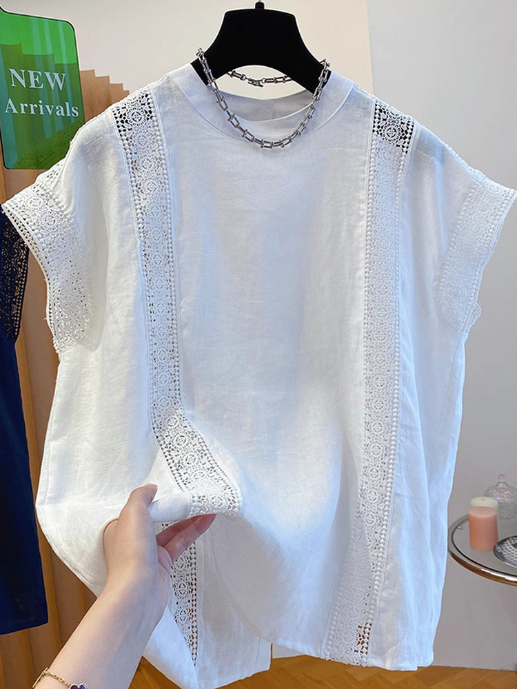 休闲短袖t恤为妇女夏季新大尺寸宽松修身Look剪出蕾丝拼接小飞袖