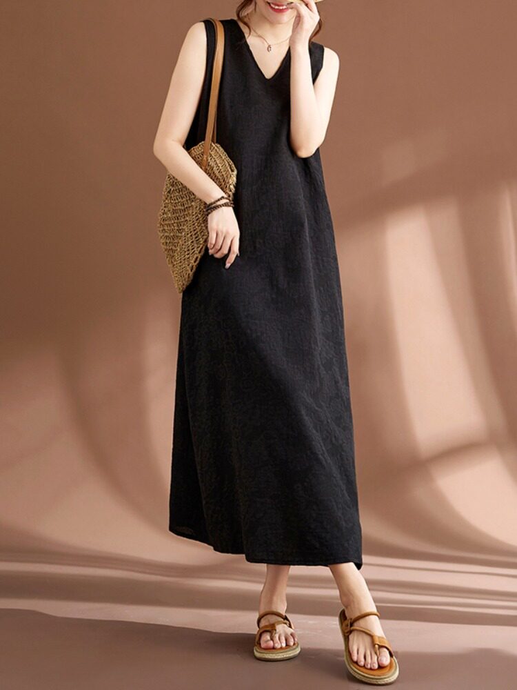 休闲无袖连衣裙的妇女夏季新大尺寸宽松修身看覆古民族风格提花妇