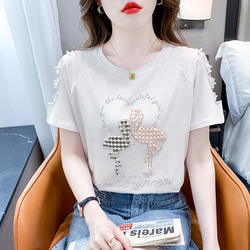 时尚露肩短袖t恤女2026夏季新款设计感小众别致女士休闲半袖上衣