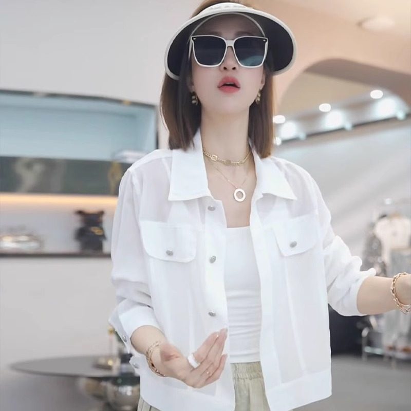 翻领长袖防晒衬衫女夏季新款时尚休闲洋气百搭薄款女士衬衣短外套