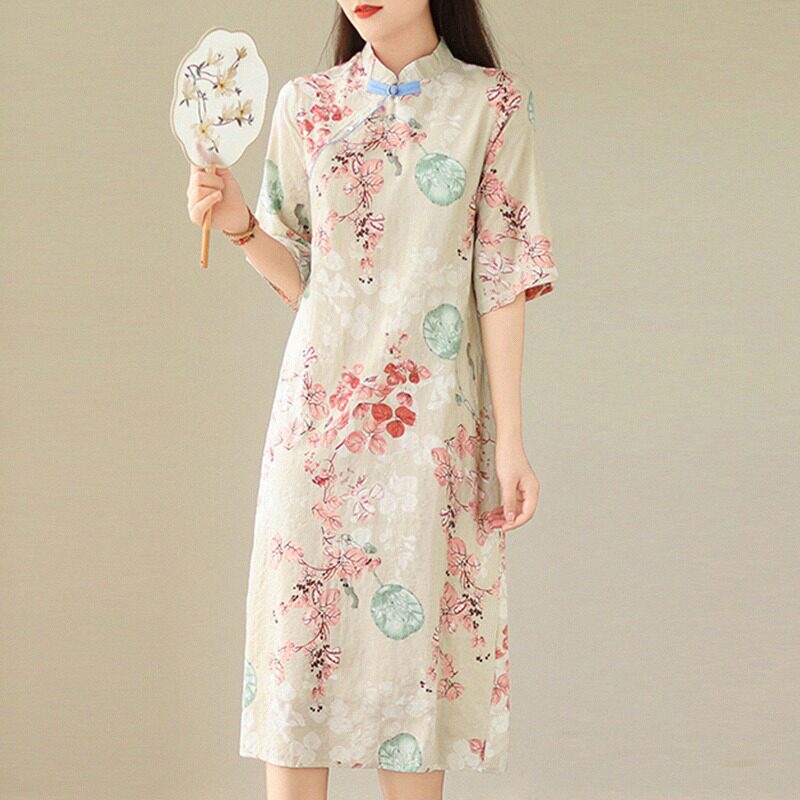 休闲印花短袖洋装女夏季新款覆古新中式国风斜襟半袖改良旗袍裙
