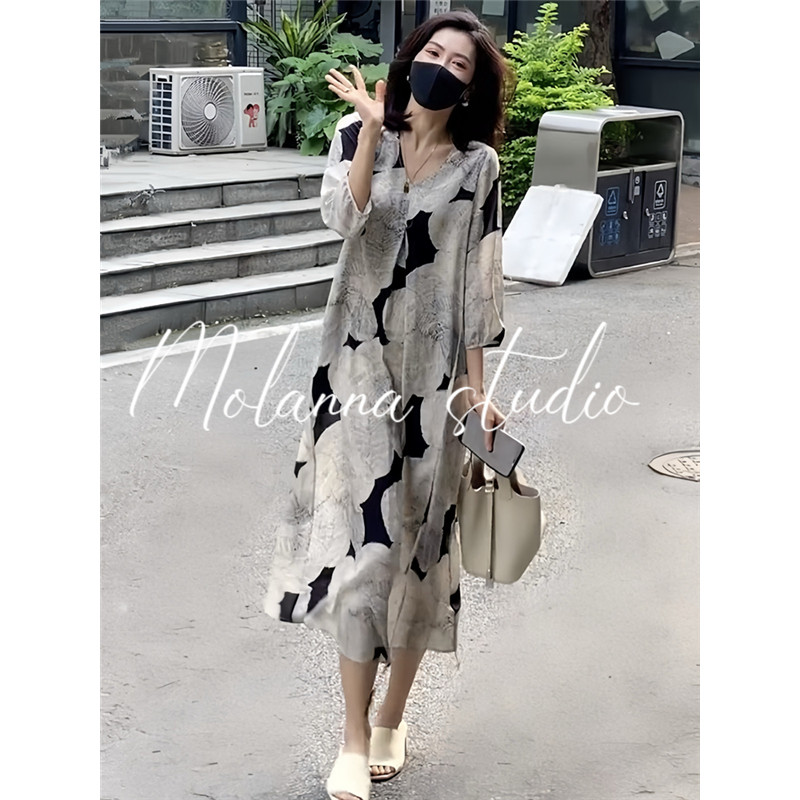 Molanna七分袖印花连衣裙女夏季新款宽松显瘦旅游度假雪纺中长裙