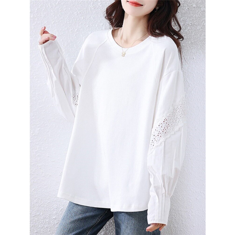 休闲长袖衬衫女春秋新款时尚设计感蕾丝拼接女士灯笼袖打底衫上衣