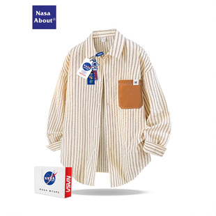 衬衫 复古条纹撞色口袋长袖 秋季 新款 衬衣潮 NASA 轻奢男装 ABOUT美式