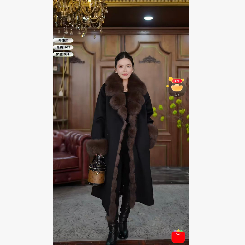 《邢康莉甄选》 黑色中长款毛领皮毛一体 50950