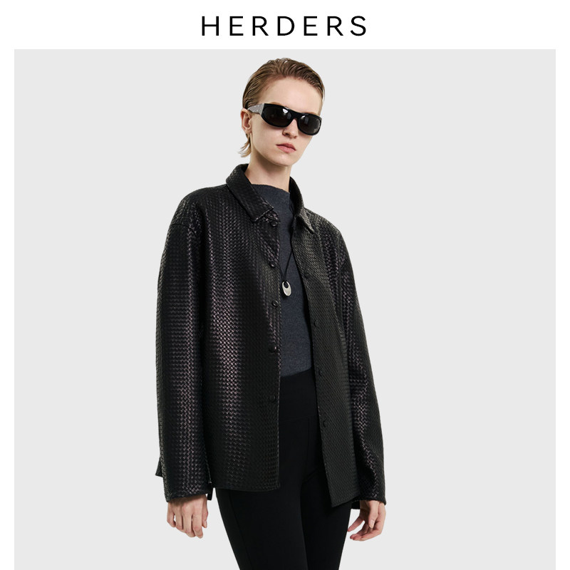 HERDERS 新款休闲翻领真皮皮衣女简约气质编制绵羊皮外套
