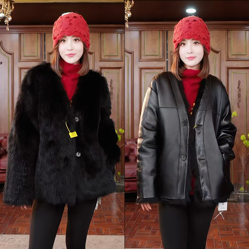 【辰大嗓严选】短款V领皮毛一体外套 51612