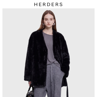 HERDERS高奢拉贡系列中长款皮草女冬季时尚V领皮毛一体外套绵羊毛