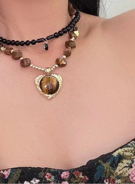 马德里假日天然石虎眼石项链女潮2023年小众高级感拼接设计锁骨链