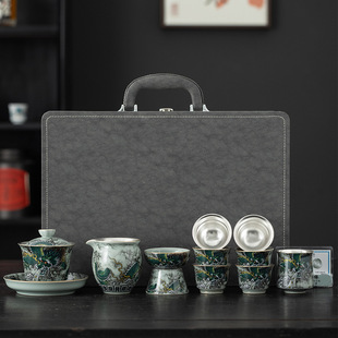 家用陶瓷主人杯茶壶盖碗整套高档商务礼品 轻奢风999纯银茶具套装