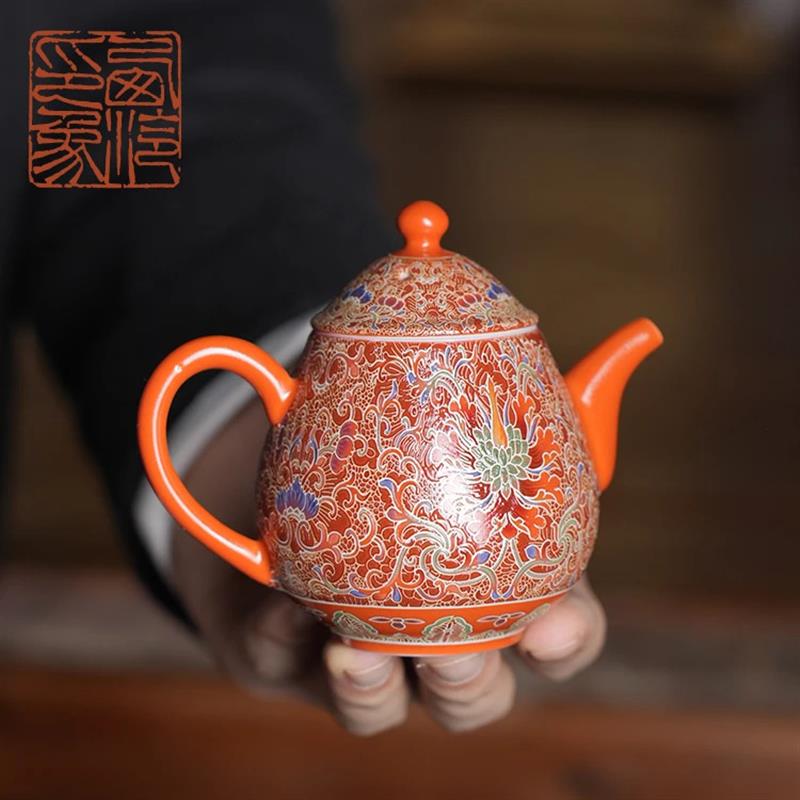景泰蓝珐琅釉缠枝纹龙蛋壶(故宫城墙红)HX0125高档手工泡茶壶个人