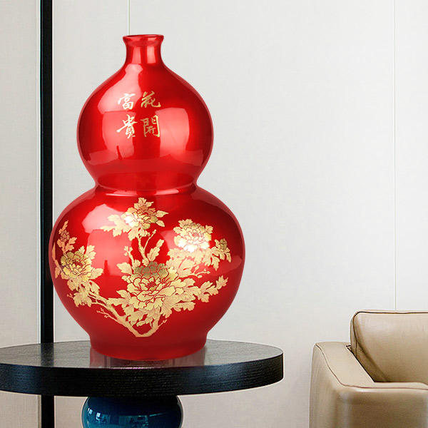 花开富贵中国红葫芦大瓶景德镇毕淑娟大师匠心手制描金牡丹花瓶
