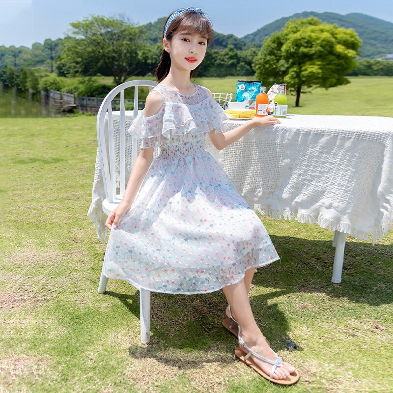女童夏装洋气连衣裙2021新款韩版露肩雪纺裙中大童儿童夏潮流裙子