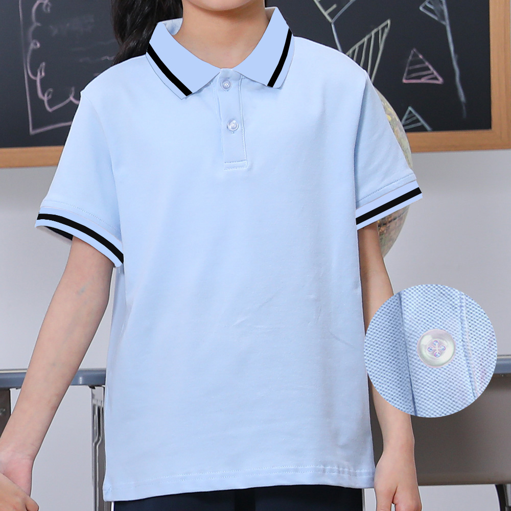 小学生校服夏天儿童浅蓝色翻领polo衫中学白色短袖纯棉班服