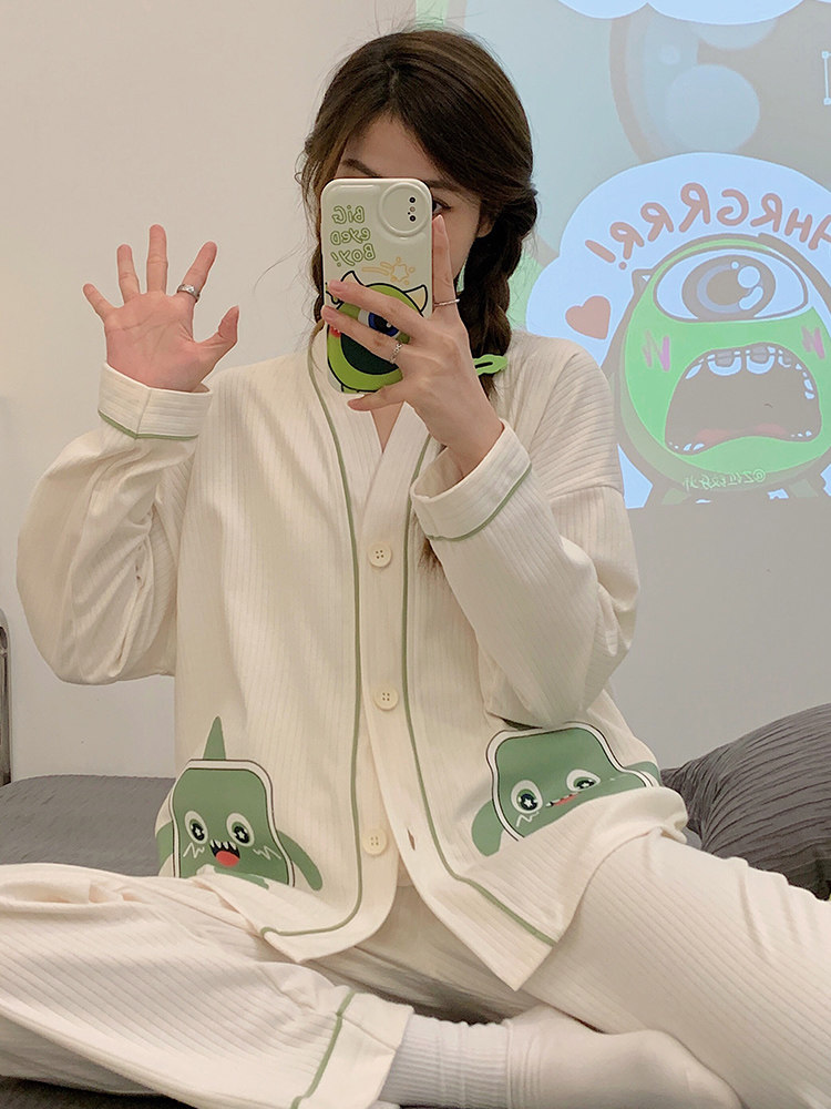 新款趣味搞怪可爱大眼仔睡衣女士纯棉长袖家居服春秋季秋冬款套装