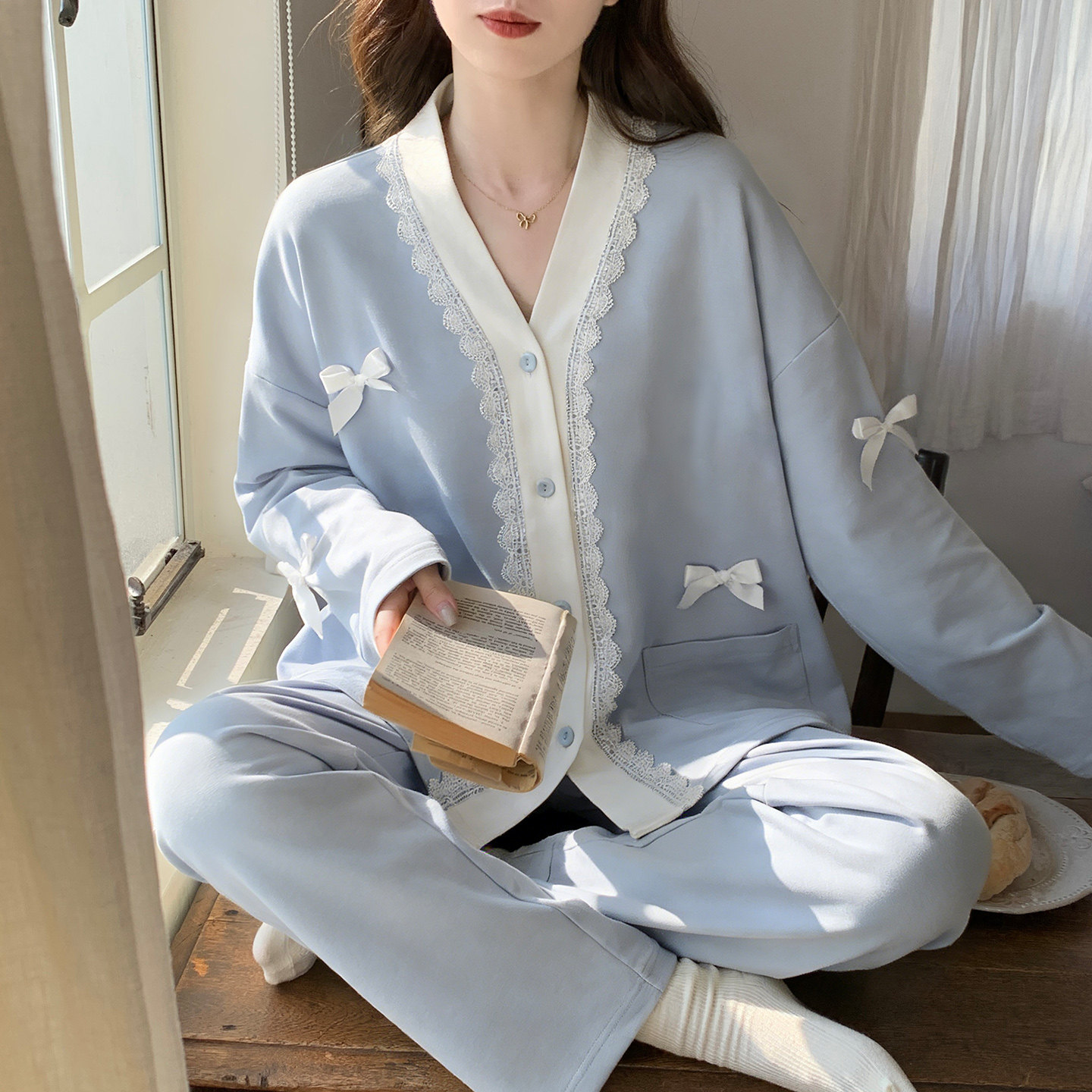 2026年新款春秋季天女士蕾丝睡衣蝴蝶结大码长袖套装家居服可外穿