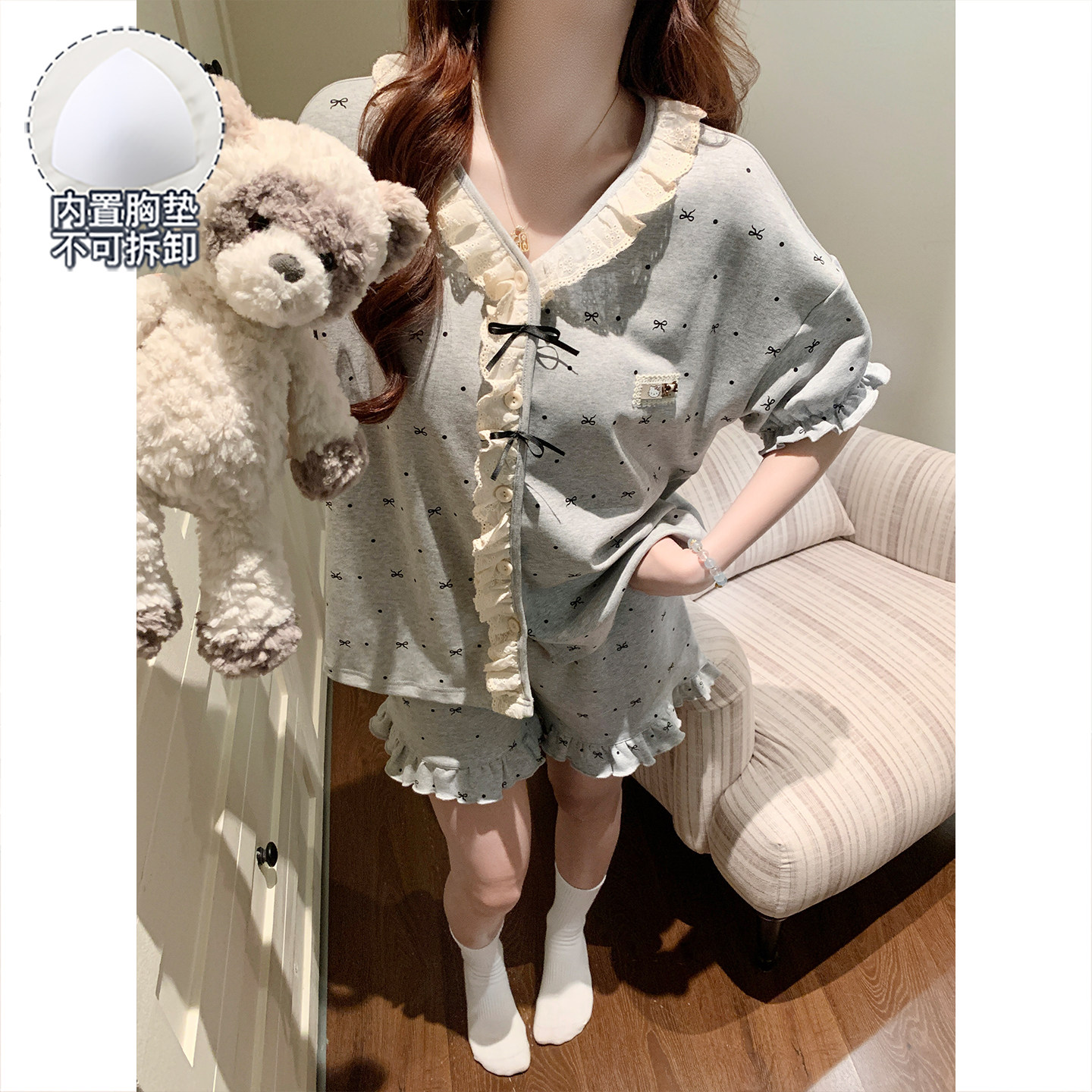2026新款夏季天蕾丝短袖睡衣女士可外穿带胸垫大码波点套装家居服