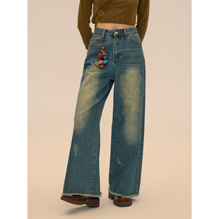 Vintage 垂感阔腿裤 Soul 女2024春秋款 复古水洗蓝色牛仔裤 RUGM