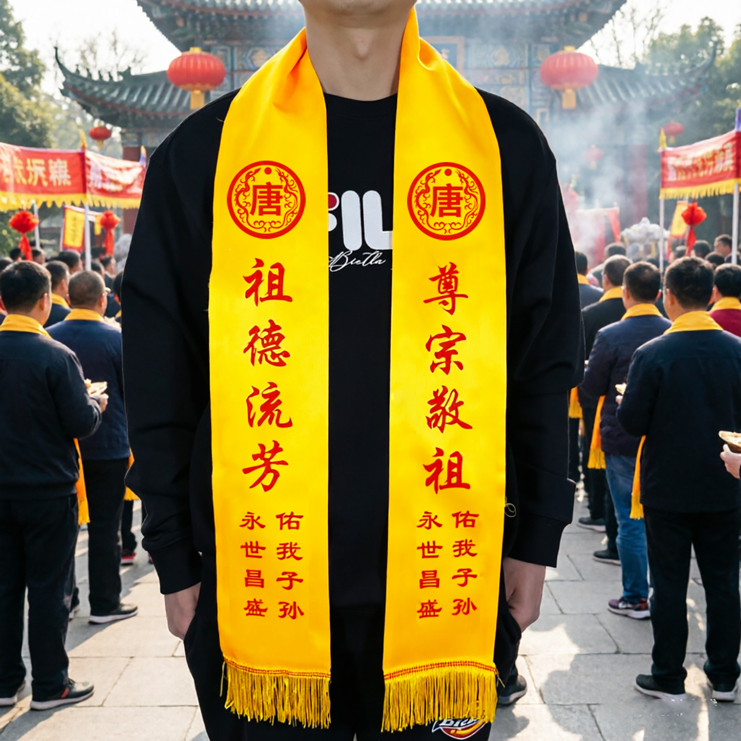 清明节祭祖金黄色围巾定制logo宗亲会修谱庆典祭祖大典绶带印字男