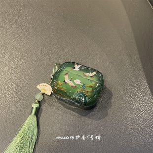 可爱半透绿色仙鹤适用于苹果airpods pro1代2代3代4代蓝牙耳机壳保护套
